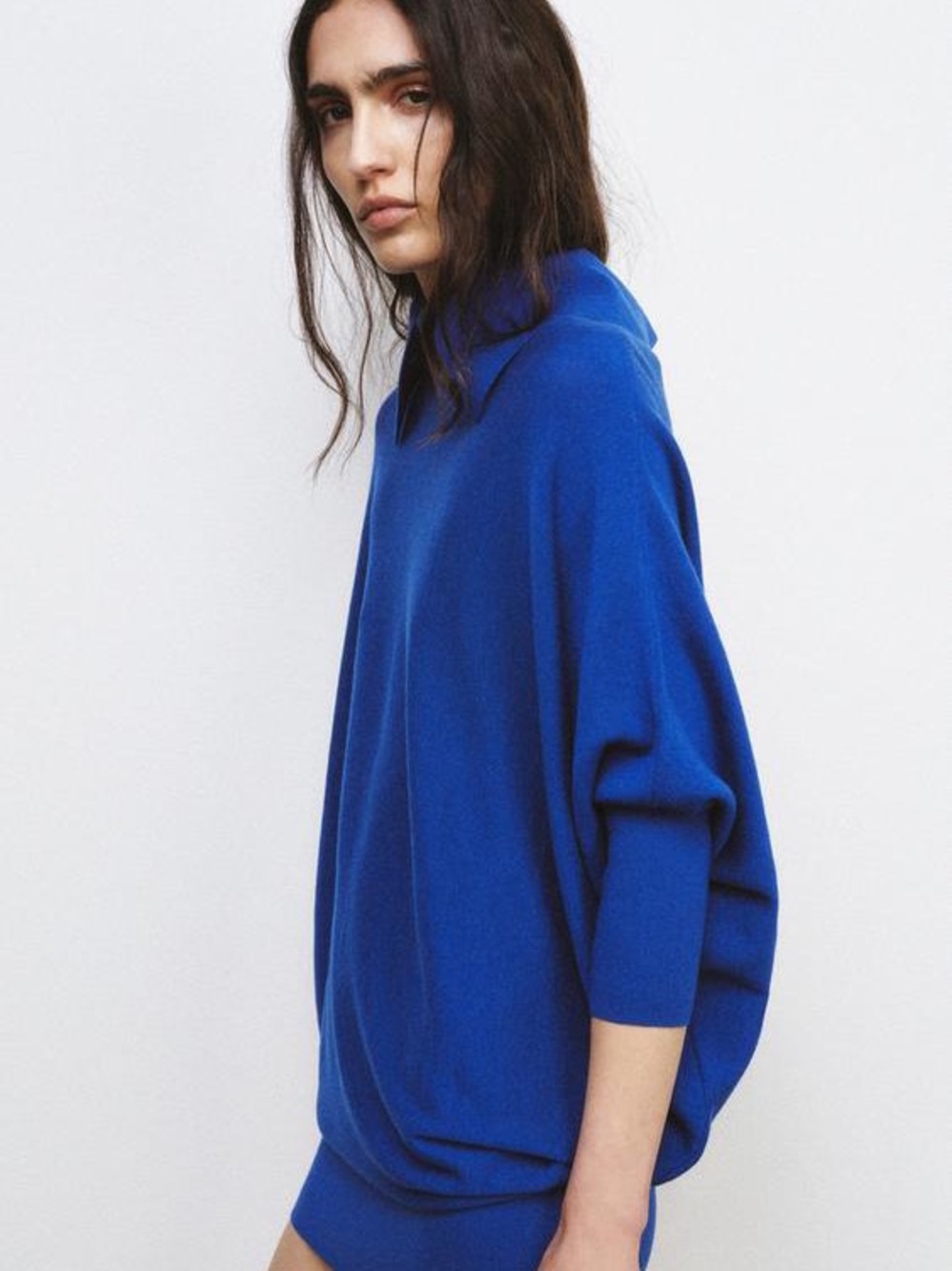 ZARA Royal Blue Knit Batwing Sleeve Collared Sweater Dress Top Size S